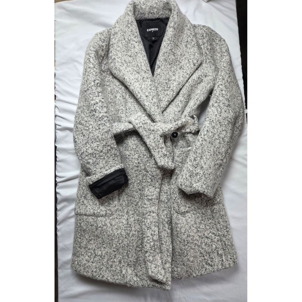 Express Womens Gray Boucle Wool Blend Belted Wrap Coat Size Small Marl Textured
